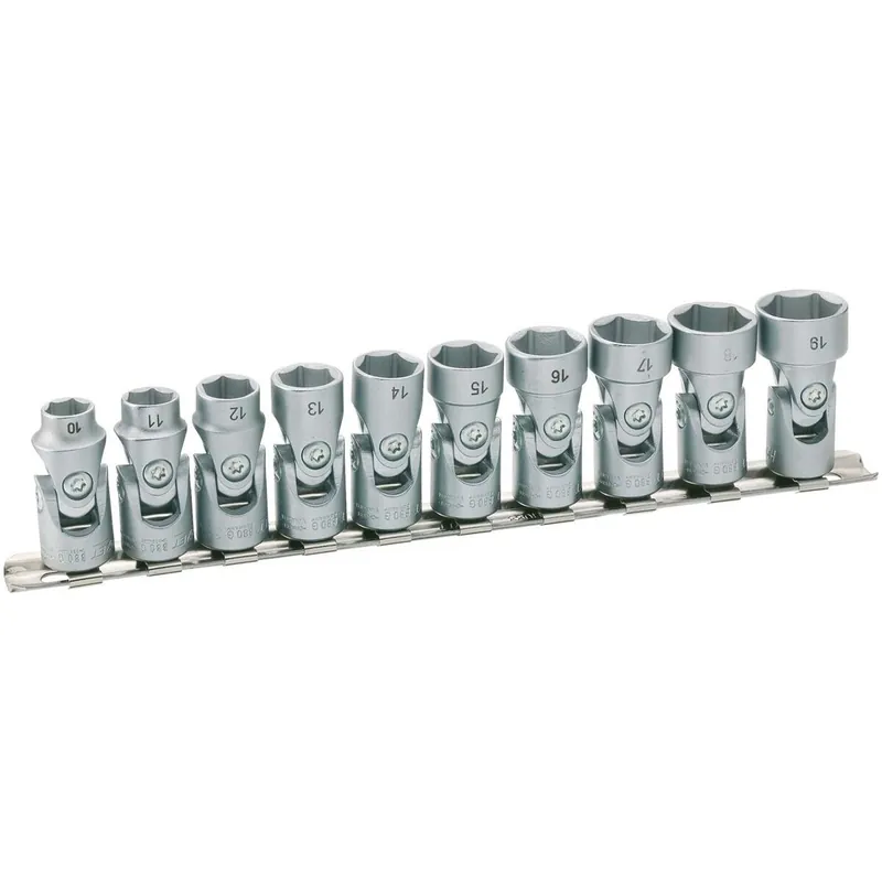 Zestaw kluczy nasadowych przegubowych ∙ Zabierak kwadratowy drążony 3/8 cala (10 mm) ∙ Profil Traction z gniazdem zewnętrznym 6-kątnym ∙ 10‑częściowy ∙ 10 ∙ 11 ∙ 12 ∙ 13 ∙ 14 ∙ 15 ∙ 16 ∙ 17 ∙ 18 ∙ 19 Hit sprzedaży